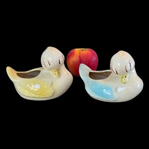 Vintage Pair Duck Ceramic Planters Figurines Blue Yellow Glazed Shawnee Easter